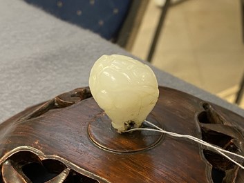 A large Chinese blanc de Chine censer with jade-topped wooden lid and stand, 18/19th C.